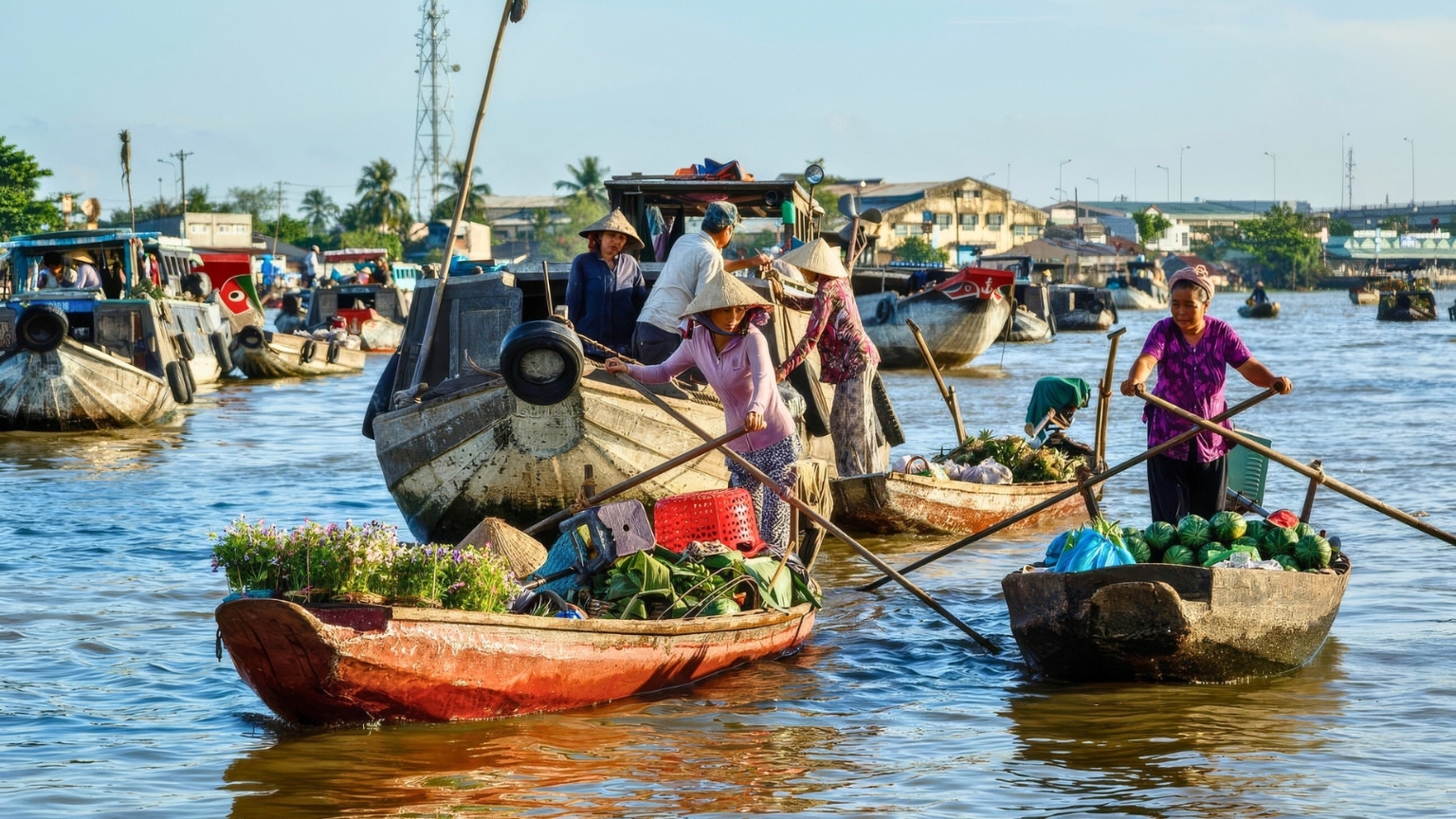 Cai Rang Floating Market, bustling with boats selling fresh produce